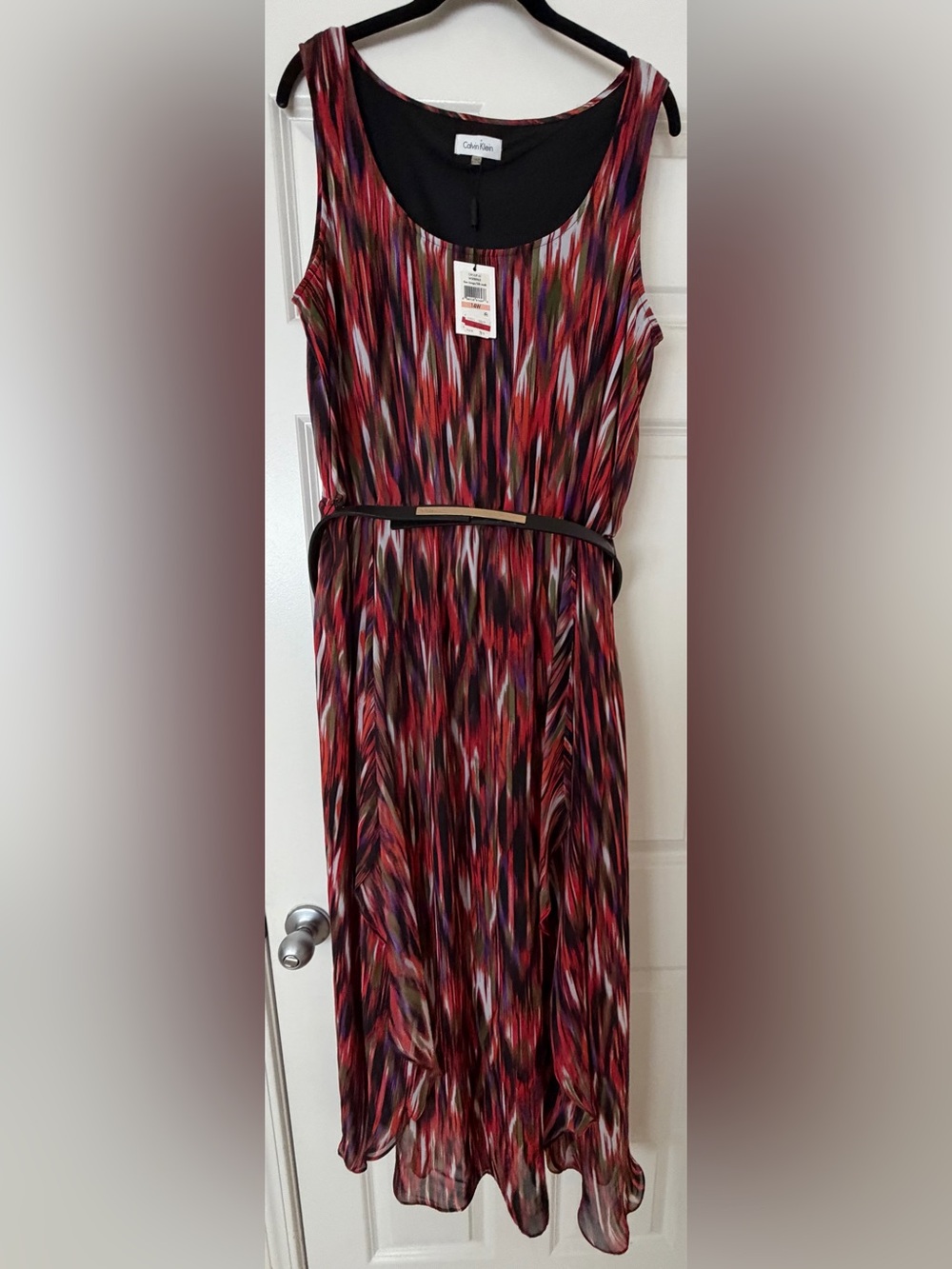 Calvin Klein Tbm/Tango Black Multi-Color Abstract Maxi Dress w Belt 14W/1X NWT